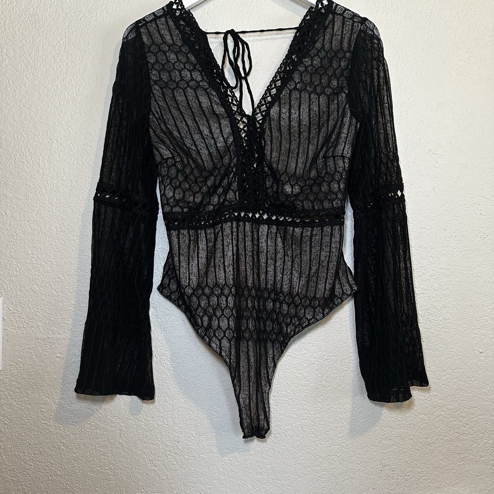 Baevely Women's L Y2K Top Bodysuit Bell Sleeve Black Whimsigoth Vamp Fairy Mesh